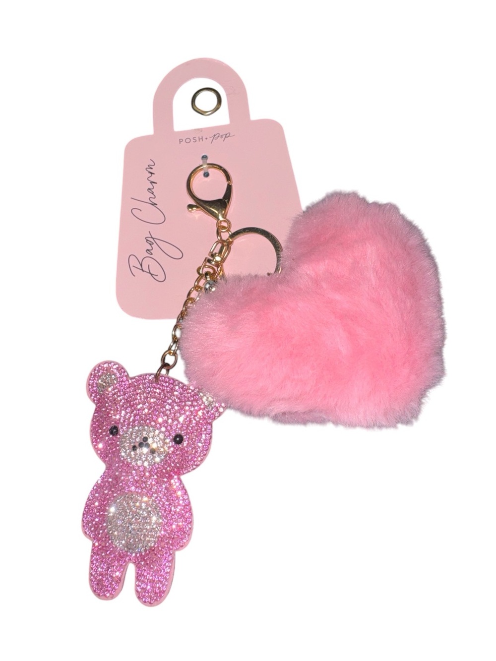 Pink Heart & Bear Plush Keychain NWT